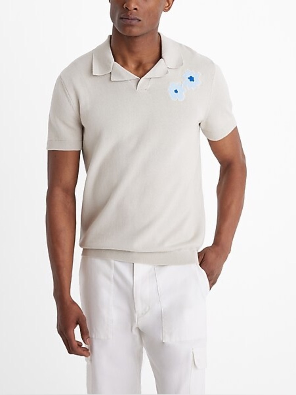 EXPRESS Men's Light Beige Short-Sleeve Polo Shirt with Floral Detail